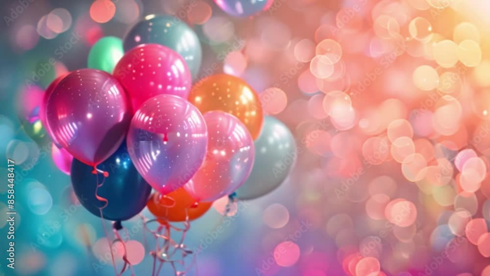 Poster A group of colorful balloons and bubbles float in front of a bright, blurred background.