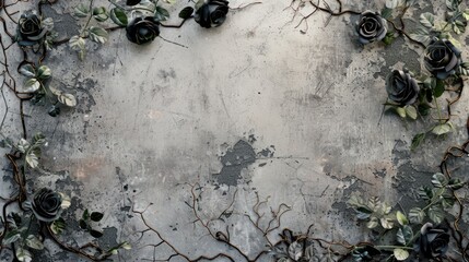 A close-up of a concrete wall covered in vines and black roses