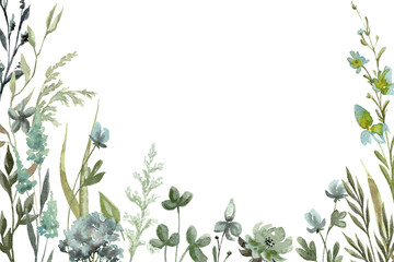 Wildflowers frame watercolor isolated botanical illustration with thin spikelets and twigs. Hand painted blue and green meadow wild flower floral background for invitation and card template.