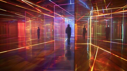 contemporary art installation featuring a maze of mirrors and lights