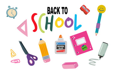 Back to school, college, education, study concept. Set of school supplies. Children's cute stationery subjects. Flat vector illustration
