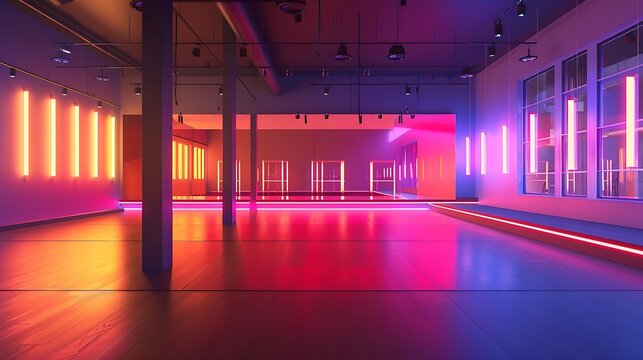 contemporary dance studio with a smart lighting system that changes intensity and color in sync with the music and dance routines