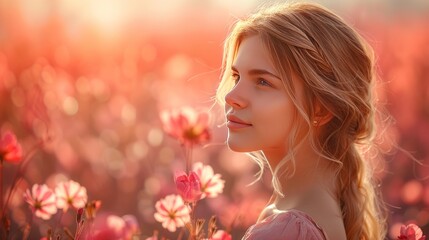 Fototapeta premium Blond Woman in a Field of Pink Flowers