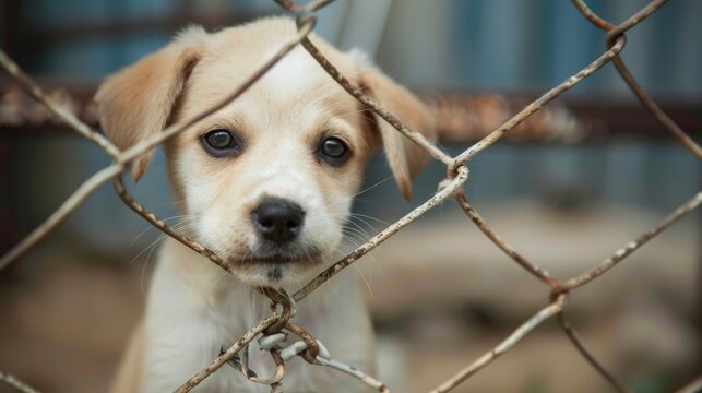 A homeless puppy is seen looking through a chain link fence at an animal shelter