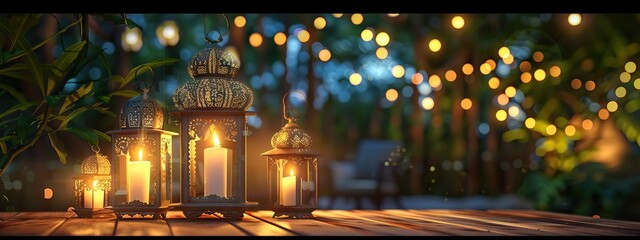 Obraz premium Arabic lantern, burning candles, dates and misbaha on mirror surface against blurred lights. AI generated illustration