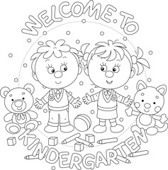 Welcome to kindergarten card with funny little boy and girl among their toys going to nursery school, black and white vector cartoon illustration for a coloring book