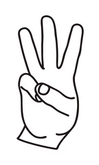 Doodle Palm icon. Counting hands showing THREE fingers. Line art style graphic design element. Png clipart isolated on transparent background