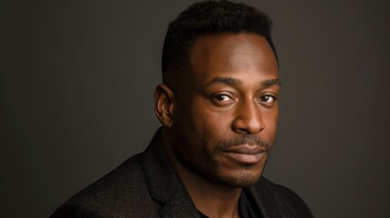 Obraz premium Close-up of a Black man with short black hair, in black jacket, looking at camera