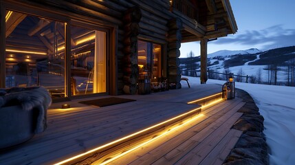 cozy winter cabin interior illuminated by integrated floor lighting that traces the contours of the rustic wooden architecture