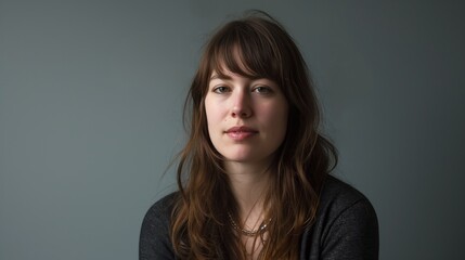 Fototapeta premium A woman with long brown hair and a neutral expression looks directly at the camera