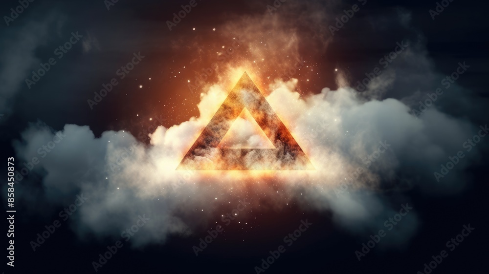 Poster a triangle portal with clouds and cosmic backdrop. surreal digital art concept for mystery, fantasy,