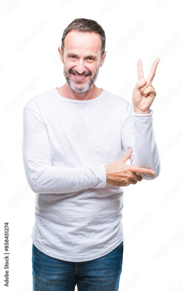 Sticker middle age hoary senior man wearing white t-shirt over isolated background smiling with happy face w