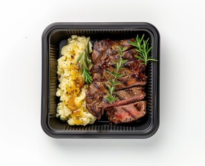 Grilled Steak and Mashed Potatoes in a Black Container