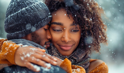 Interracial couple embracing warmly in a snowy winter landscape, showcasing romance and deep affection amidst a serene snowy backdrop with flakes falling gently around them - Authentic love in winter.
