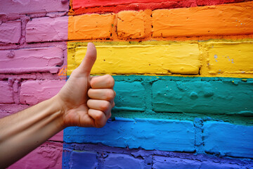 A hand raises its thumb in front of a brick wall in LGBT colors.