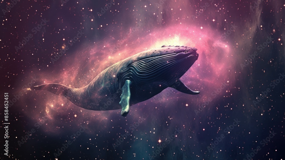Poster surreal art design of a whale floating in space with a cosmic background and starry sky. digital art