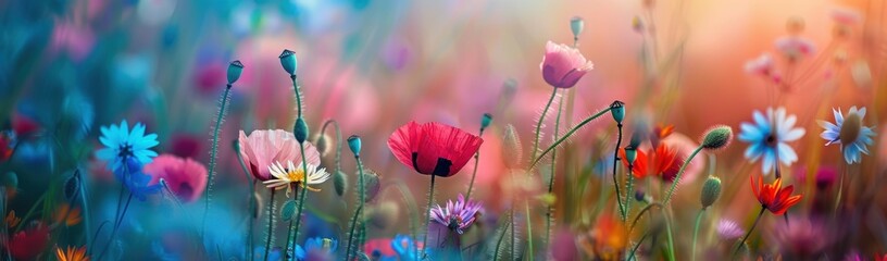 Obraz premium A vibrant and colorful meadow with wildflowers, including poppies in various shades of pink and red, daisies, bluebells, violets, cosmos, and more Generative AI
