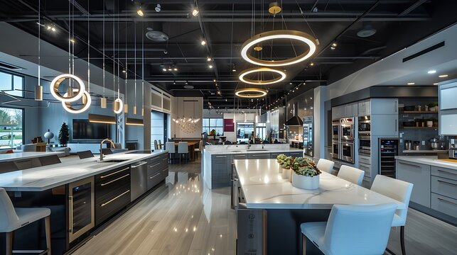 gourmet kitchen showroom with above-counter lighting that customers can customize to see how the lighting will look in their own homes