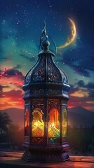 Obraz premium Ramadan Kareem - Moon And Arabian Lantern With Blue Sky At Night With Abstract Defocused Lights - Eid Ul Fitr. AI generated illustration