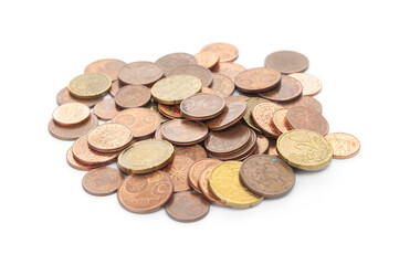 Heap of euro cent coins on a white background