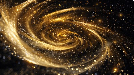 Swirling golden dust particles form a spiral galaxy on black background