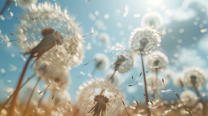 Dandelion seeds floating in summer breeze altering growth and direction perspective Inspiring flora in natural spring setting Eco friendly scenery