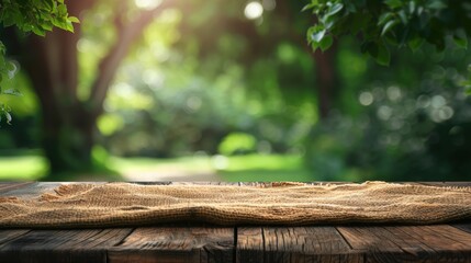 Rustic wooden table with burlap cloth in a lush green park setting