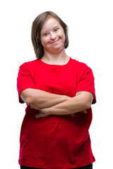 Fototapeta premium Young adult woman with down syndrome over isolated background happy face smiling with crossed arms looking at the camera. Positive person.