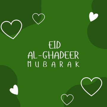 Eid e ghadeer mubarak card design with white hearts on green background
