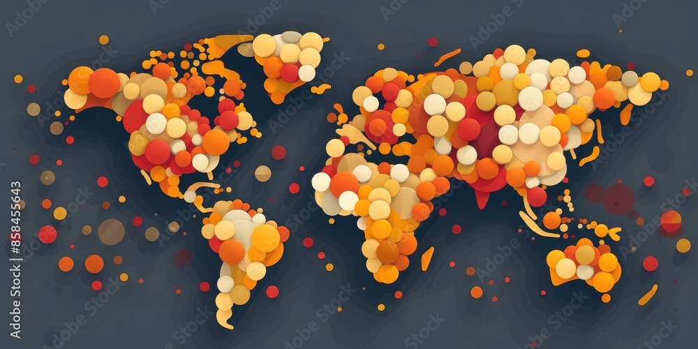 Poster stylized world map composed of multicolored circles on a white background with a modern artistic tou