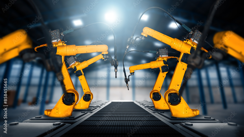 Poster mlp mechanized industry robot arm for assembly in factory production line. concept of artificial int