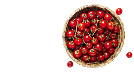 Fresh Ripe Red Cherry Tomatoes in Wooden Basket Isolated on Transparent Background, Closeup of Organic Farm Harvest, Healthy Food Ingredient for Culinary and Nutrition Concepts