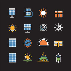Silhouette Solar Energy Line Editable Icons set. Solar Energy icons Pixel perfect. solar panels, sun, generator, energy 