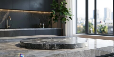 Round marble podium against the background of the kitchen for displaying products and goods