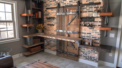 home office setup with a desk made from a repurposed door and shelves built from recycled bricks and reclaimed wood