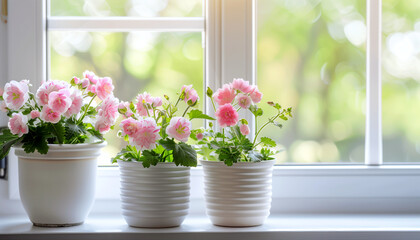 Bright Window Sill with Blooming Pink Geraniums in White Pots