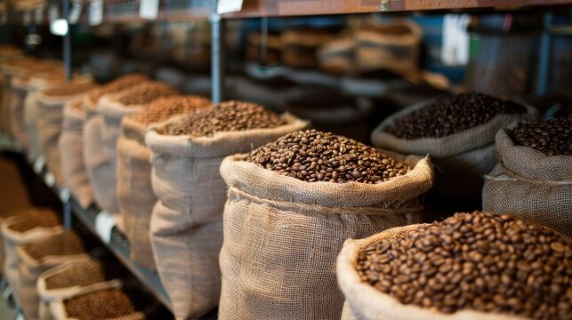 Rows of burlap coffee bean bags in a local market
