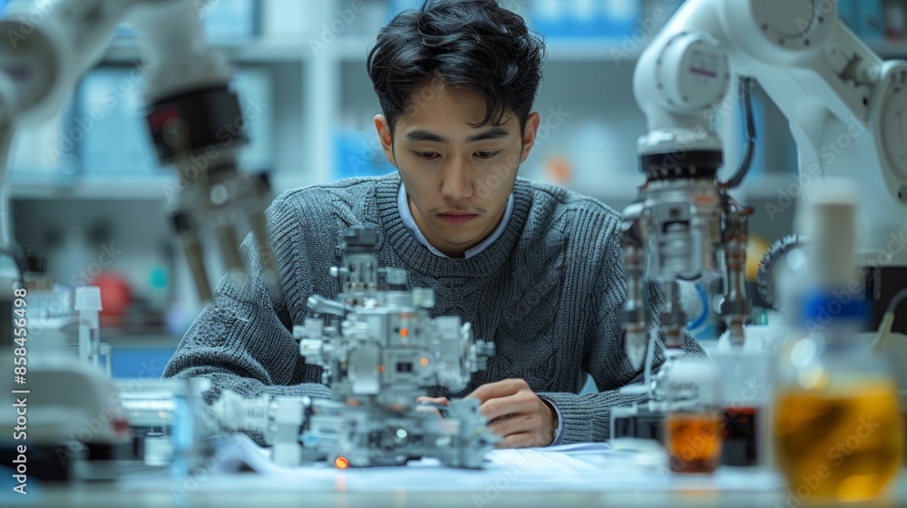 Poster focused engineer examining robotics component