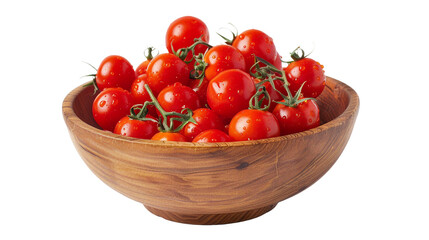Fresh Red Cherry Tomatoes in Wooden Bowl on Transparent Background, Perfect for Healthy Recipes and Farm-Fresh Food Photography
