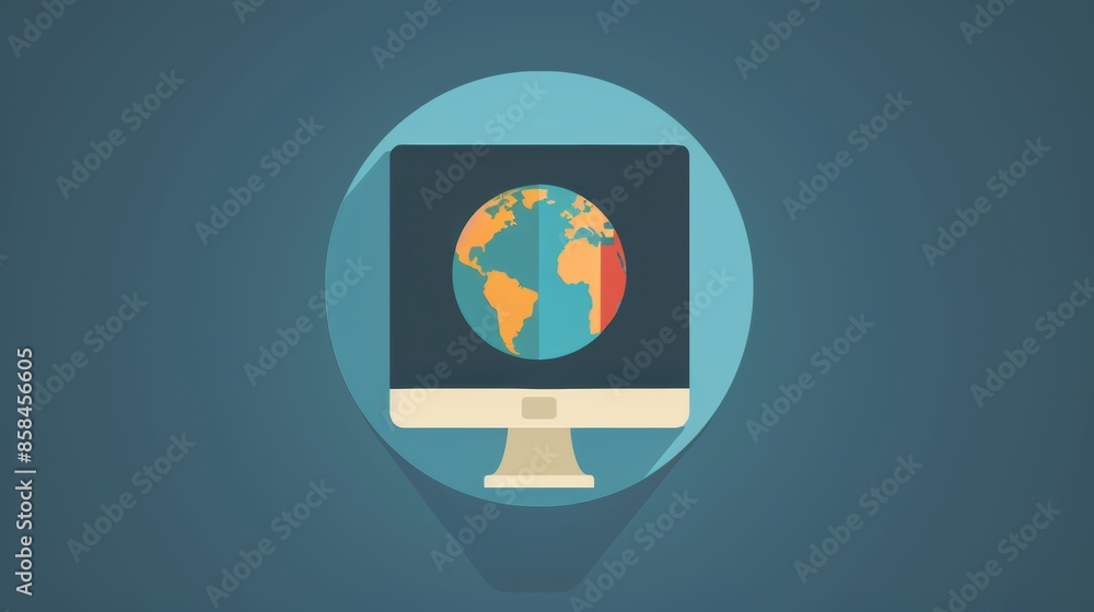 Poster flat design icon of a computer displaying a globe