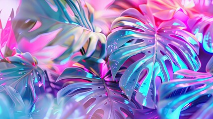 Colorful holographic tropical summer palm leaves background. Pink and green decorative leaves.