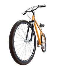 Orange bicycle, front side view with wide angle shot of the front wheel. Black leather saddle and handles. Png clipart isolated on transparent background