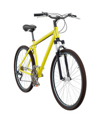 Yellow bicycle, front side view. Black leather saddle and handles. Png clipart isolated on transparent background