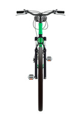 Green bicycle, front view. Black leather saddle and handles. Png clipart isolated on transparent background