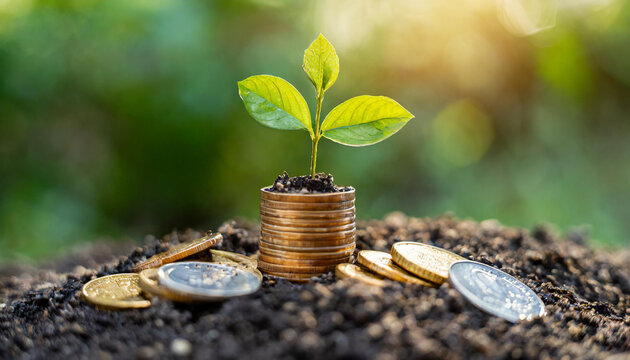 Seedling growing on coin symbolizes green investment. Concept of rising money and sustainable finance