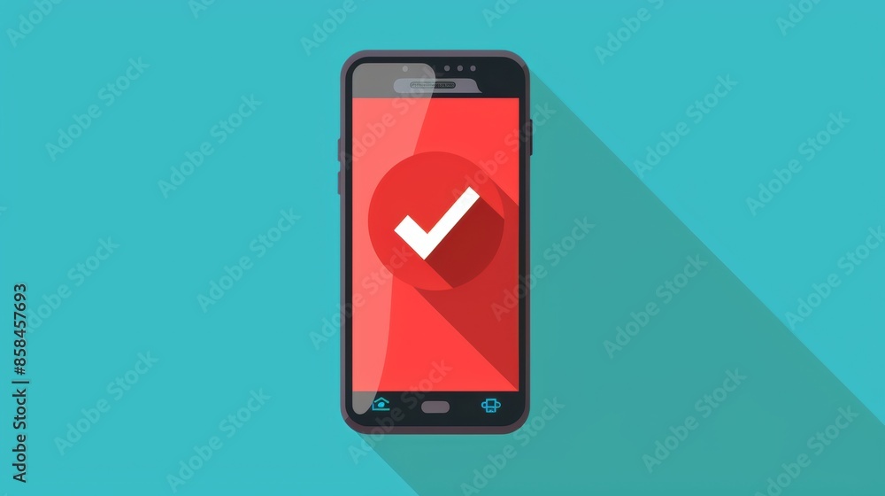 Poster smartphone displaying a red check mark icon on a blue background