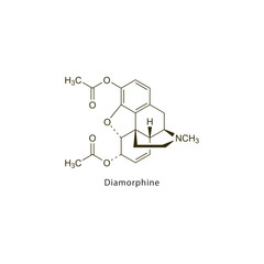 Diamorphine flat skeletal molecular structure Opioid analgesic drug used in Pain treatment. Vector illustration scientific diagram.
