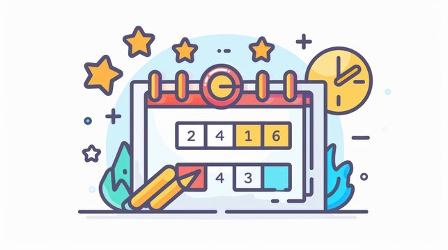 Colorful calendar icon with pencil, stars, and clock