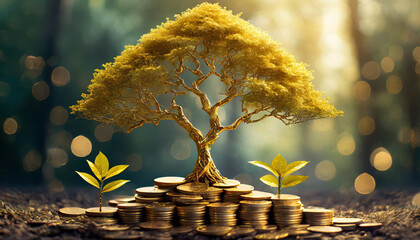 golden money tree with shimmering leaves against blurred background, symbolizing wealth and prosperity