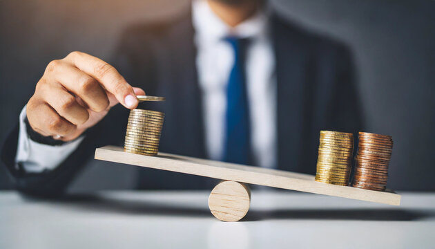 businessperson stands blurred in the background while focusing on balancing stacked coins on a seesaw, symbolizing financial stability, balance, and economic decision-making in business